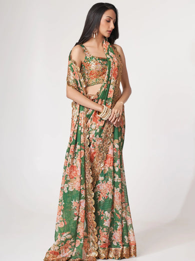 Mesmerizing Green Floral Printed Organza Festive Wear Saree